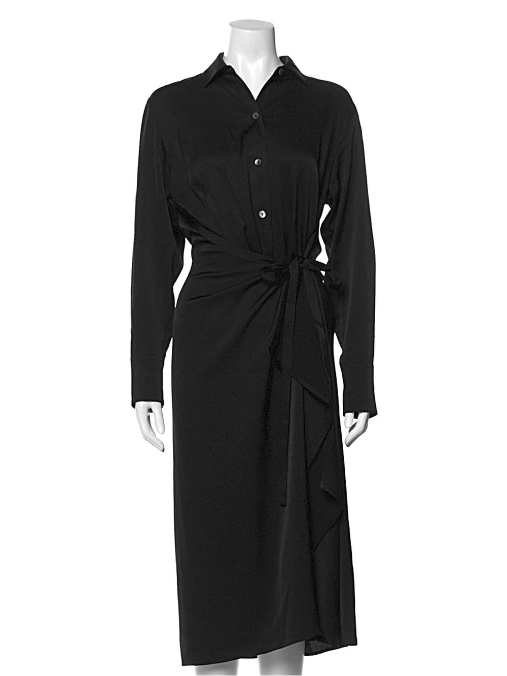 Vince Tie Front Shirt Dress Black Midi Triacetate Blend Size 8 MSRP $425